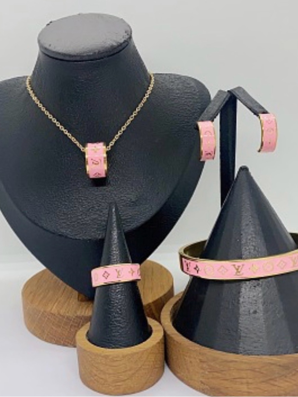 Pink Logo Accent Women's Jewelry Set - Pink Necklace, Bracelet, Ring, Earrings